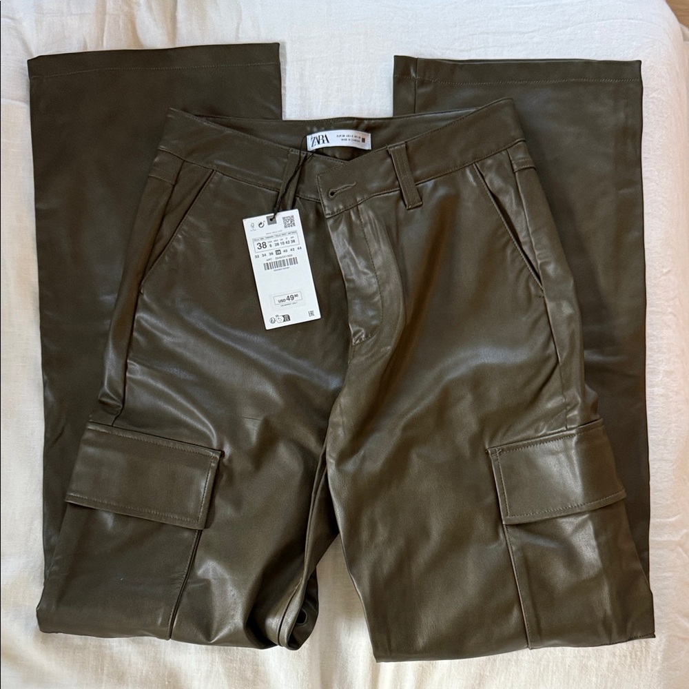 Zara Olive Pleather Cargo Trousers